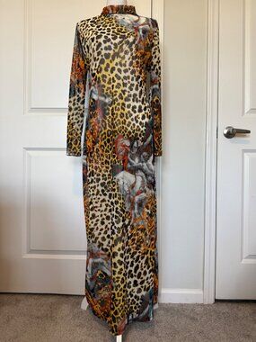 Gibiu Long Sleeve Maxi Bodycon Dress Sheer Leopard Baroque Art Print Size 3XL
